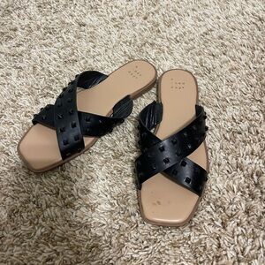 A New Day Black and Tan Cross-Strap Sandals